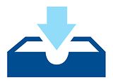  Download Icon, ein hellblauer Pfeil zeigt nach unten in eine blaue Box