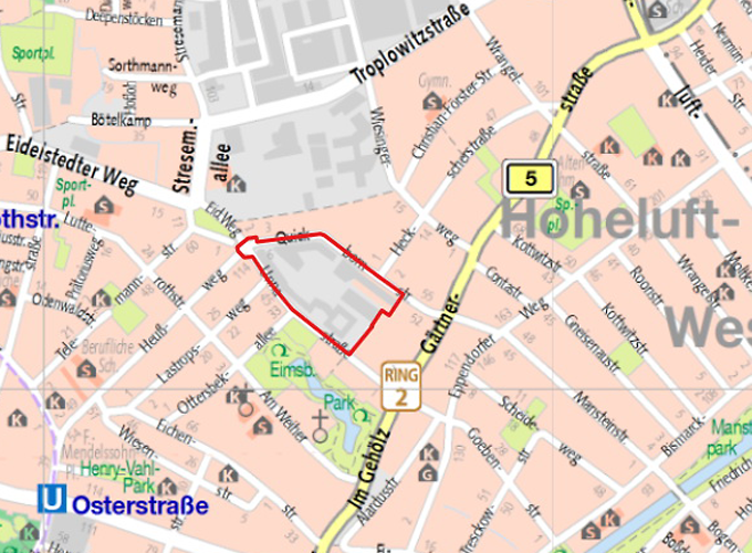 Geltungsbereich Bebauungsplan-Entwurf Hoheluft-West 15.