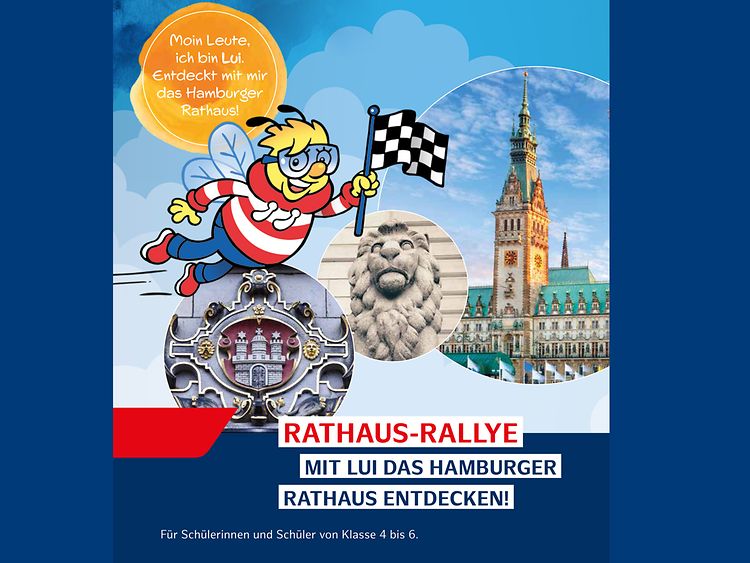  Deckblatt: Hamburger Rathaus, ein Löwenrellief, Hamburgwappen und die Comic-Zeichnung einer Hummel